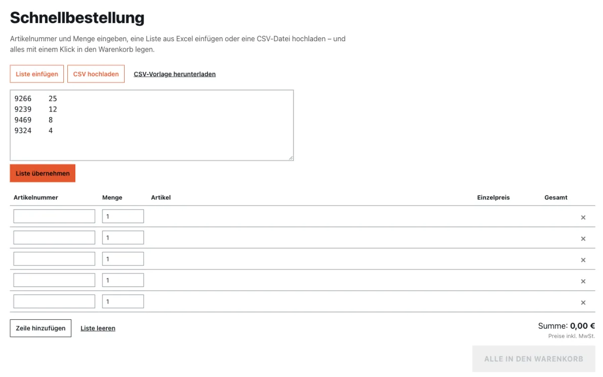 Von doppeltplus entwickeltes Shopware-Plugin: Schnellbestellung per Artikelnummer, Excel-Liste oder CSV