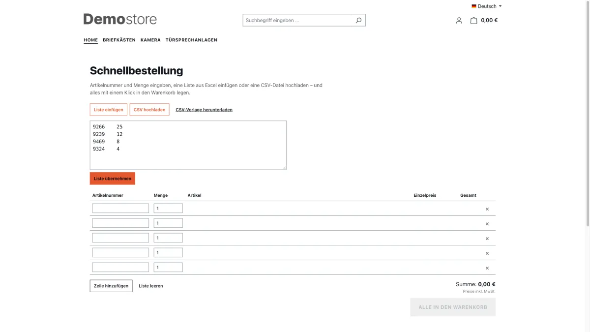 Shopware-Plugin Schnellbestellung: Artikelliste aus Excel einfügen und gesammelt in den Warenkorb legen