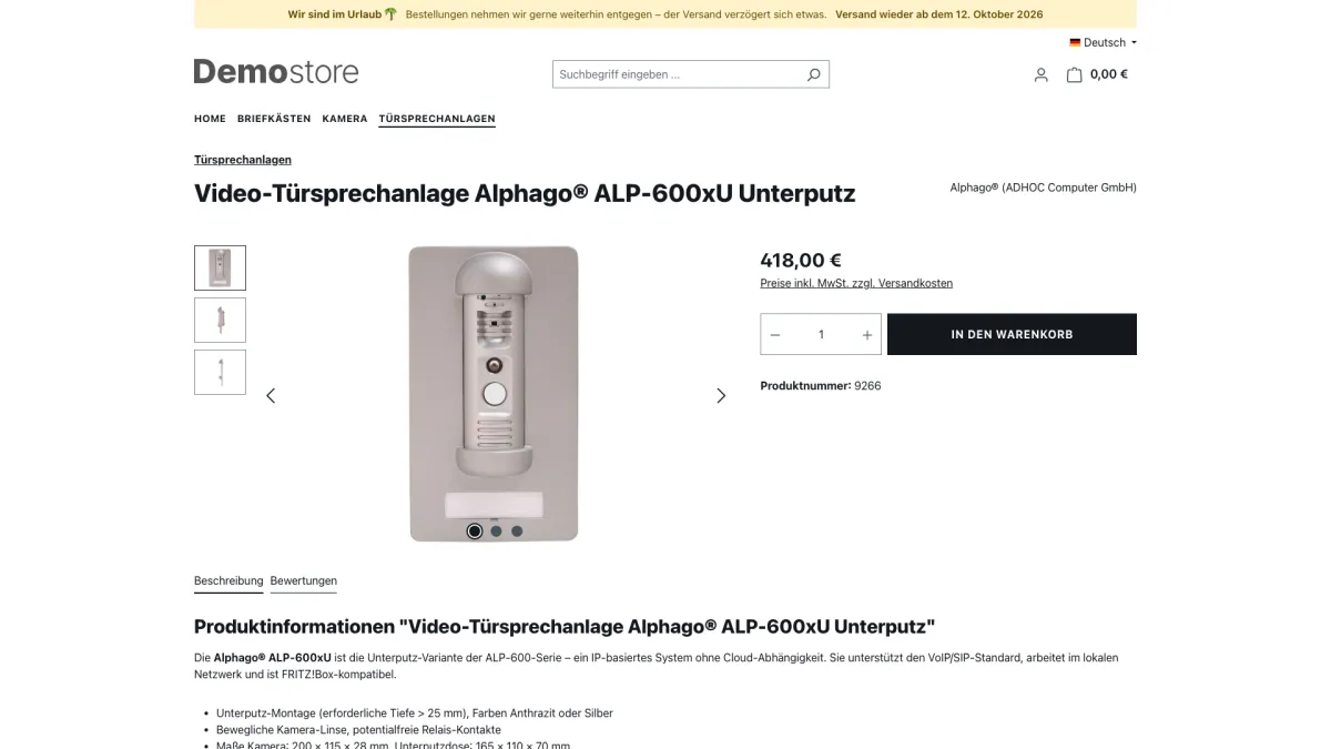 Shopware-Plugin Urlaubsmodus: Banner mit Hinweis auf verzögerten Versand im Shop-Header