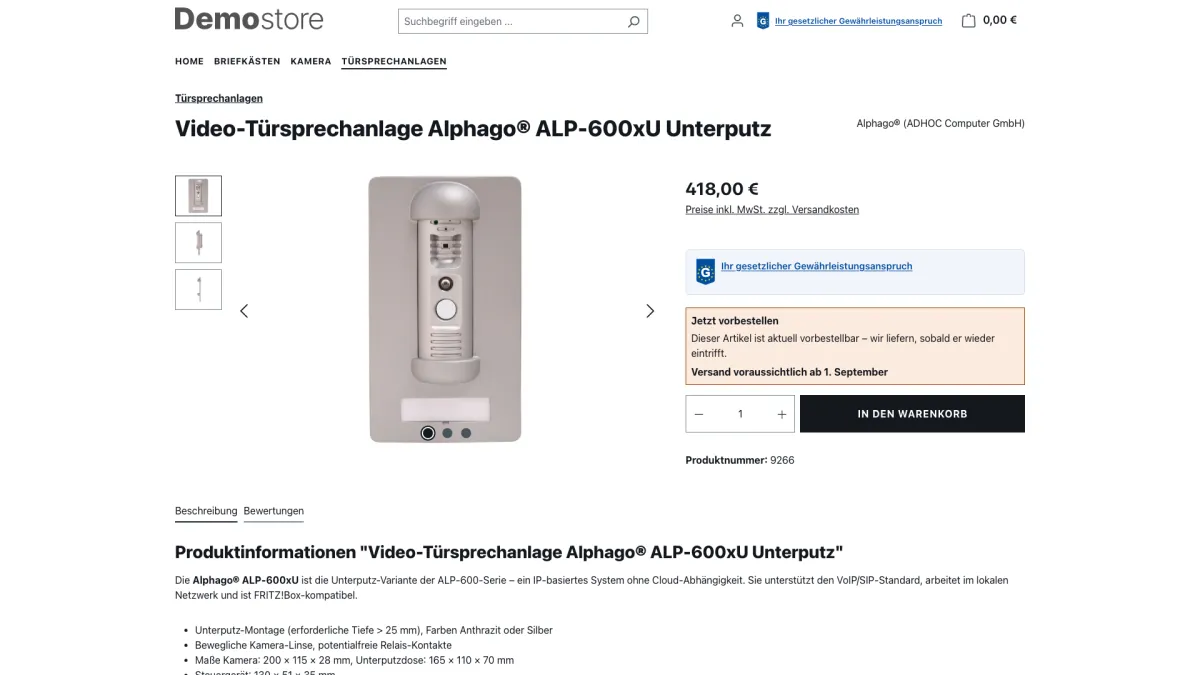 Shopware-Plugin Vorbestellung: Hinweisbox mit voraussichtlichem Versanddatum auf der Produktseite